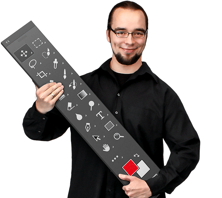 Andreas Raskopp mit einer übergroßen Photoshop-Werkzeugpalette